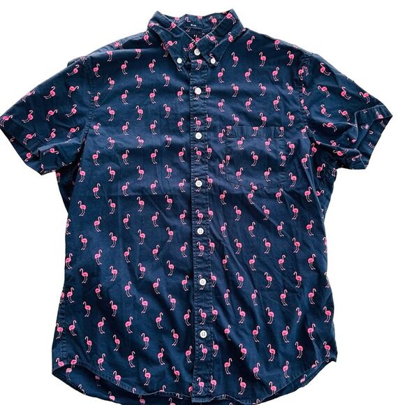 J Crew Men's Flamingo Button Front Short Sleeve Shirt Size Medium Blue Pink - Picture 1 of 5